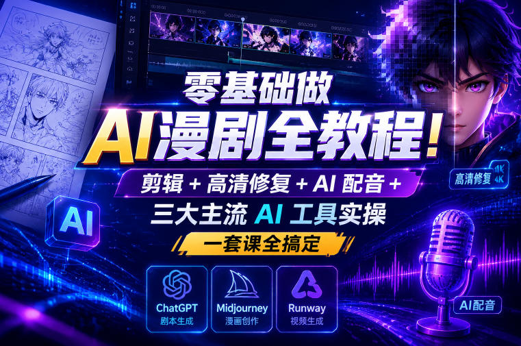 零基础做AI漫剧全教程！剪辑+高清修复+AI配音+三大主流AI工具实操，一套课全搞定-翌晨科技网