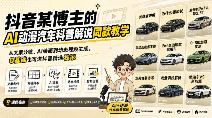 抖音某博主的AI动漫汽车科普解说同款教学，从文案分镜、AI绘画到动态视频生成，0基础解锁抖音精选独家收益-翌晨科技网