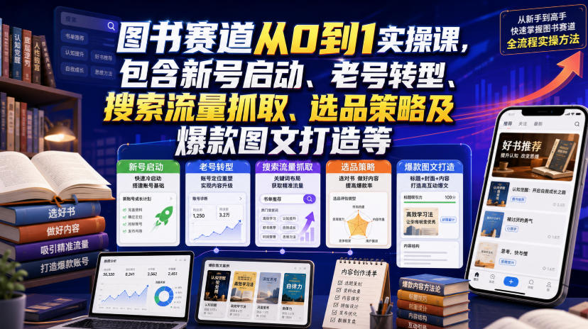 图书赛道从0到1实操课，包含新号启动、老号转型、搜索流量抓取、选品策略及爆款图文打造等-翌晨科技网