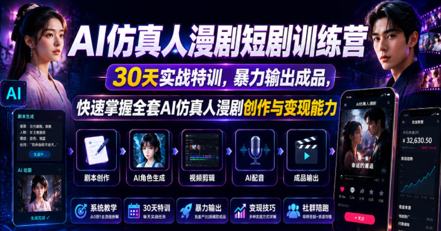AI仿真人漫剧短剧训练营，30天实战特训，暴力输出成品，快速掌握全套AI仿真人漫剧创作与变现能力-翌晨科技网