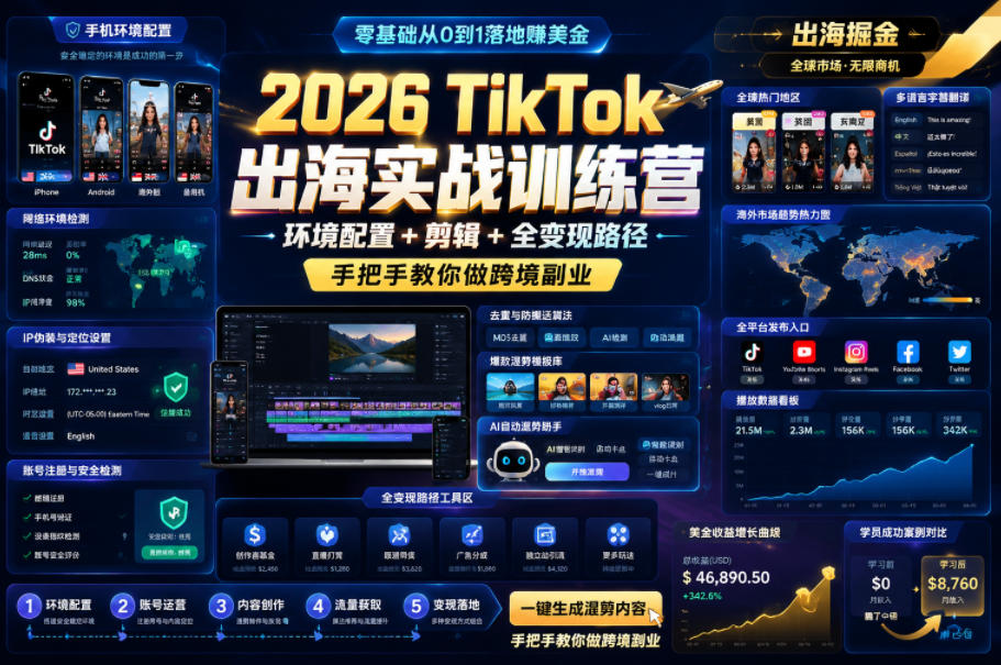 2026 TikTok出海实战训练营，环境配置 + 剪辑 + 全变现路径，手把手教你做跨境副业-翌晨科技网