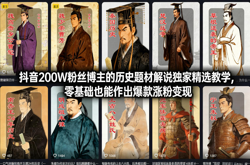 抖音200W粉丝博主的历史题材解说独家精选教学，零基础也能作出爆款涨粉变现-翌晨科技网