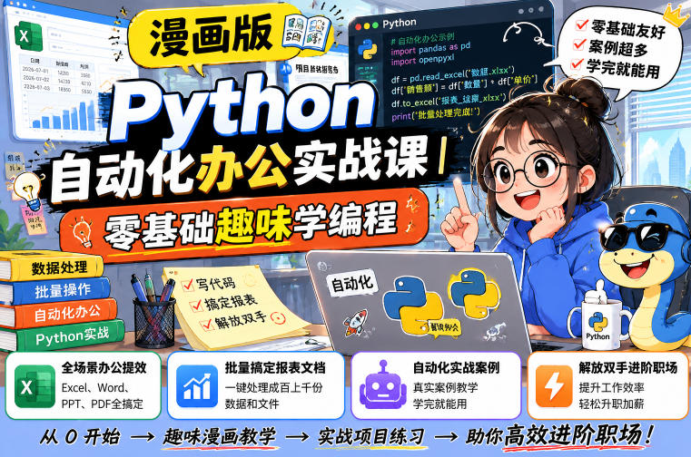 漫画版Python自动化办公实战课｜零基础趣味学编程，全场景办公提效、批量搞定报表文档、解放双手进阶职场-翌晨科技网
