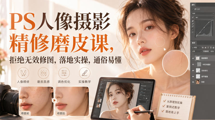 PS人像摄影精修磨皮课，拒绝无效修图，落地实操，通俗易懂-翌晨科技网