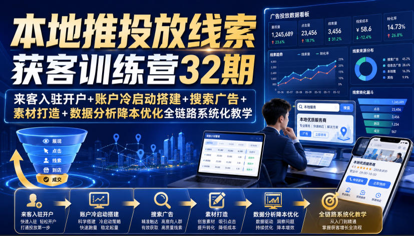 本地推投放线索获客训练营32期｜来客入驻开户+账户冷启动搭建+搜索广告+素材打造+数据分析降本优化全链路系统化教学（8月全新课程）-翌晨科技网