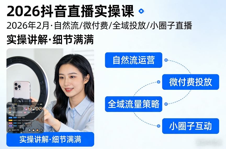 2026抖音直播实操课2026年2月，自然流、微付费、全域投放、小圈子直播，实操讲解，细节满满-翌晨科技网