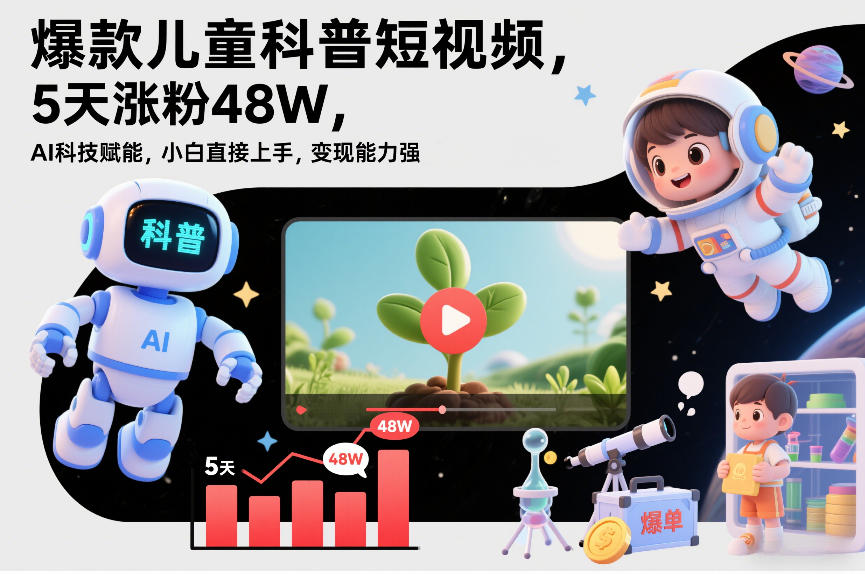 爆款儿童科普短视频，5天涨粉48W，AI科技赋能，小白直接上手，变现能力强，橱窗带货爆单不停-翌晨科技网