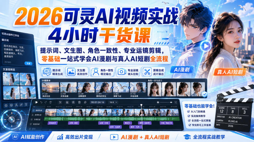 2026可灵AI视频实战4小时干货课｜提示词、文生图、角色一致性、专业运镜剪辑，零基础一站式学会AI漫剧与真人AI短剧全流程-翌晨科技网