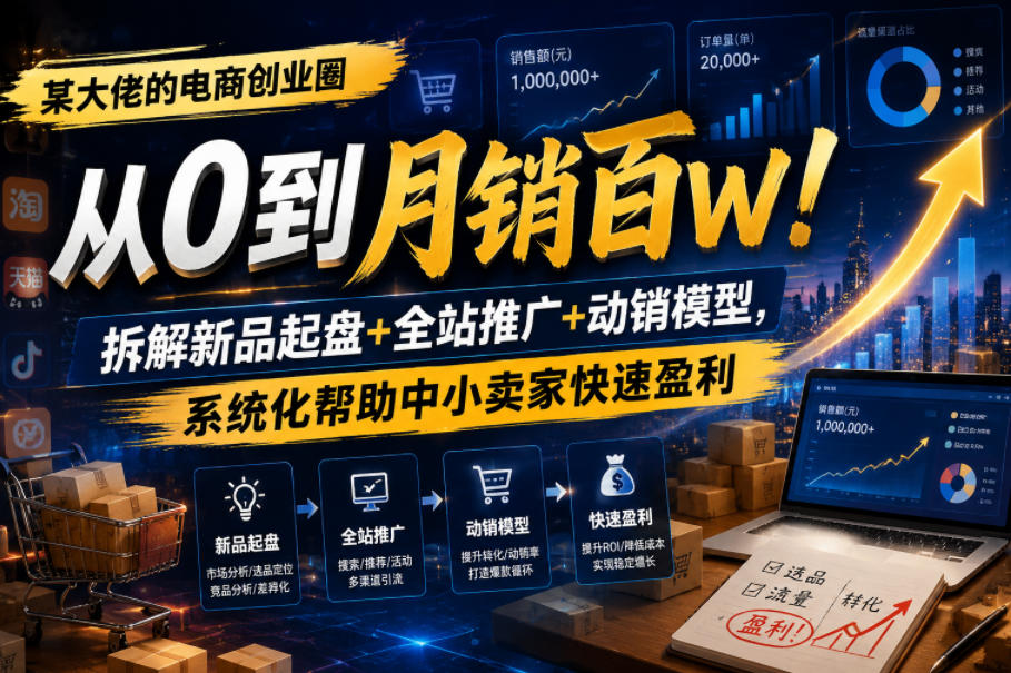 某大佬的电商创业圈从0到月销百W！拆解新品起盘+全站推广+动销模型，系统化帮助中小卖家快速盈利-翌晨科技网