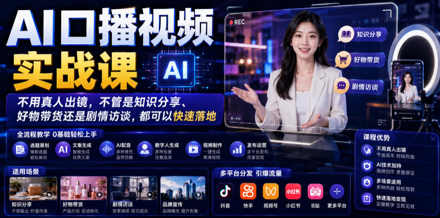 AI口播视频实战课，不用真人出镜，不管是知识分享、好物带货还是剧情访谈，都可以快速落地-翌晨科技网