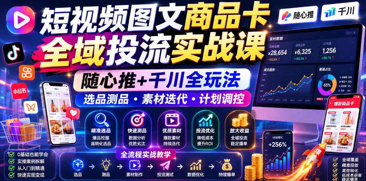 短视频图文商品卡全域投流实战课，随心推+千川全玩法，选品测品・素材迭代・计划调控，提升ROI爆单增收教程-翌晨科技网