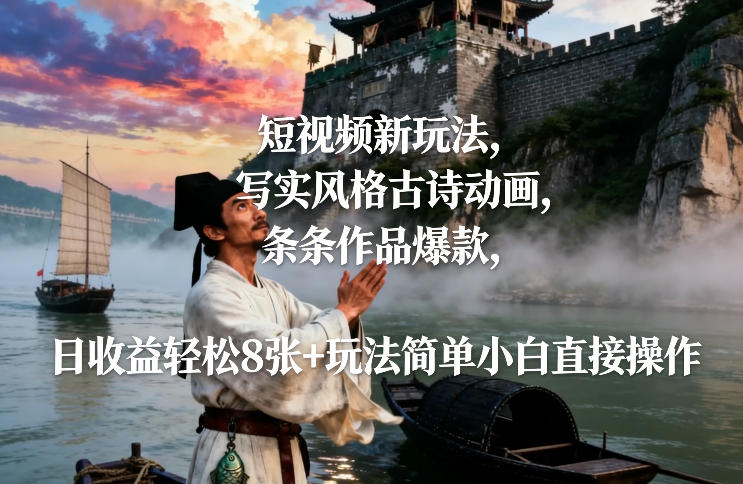 短视频新玩法，写实风格古诗动画，条条作品爆款，日收益轻松8张+玩法简单小白直接操作-翌晨科技网