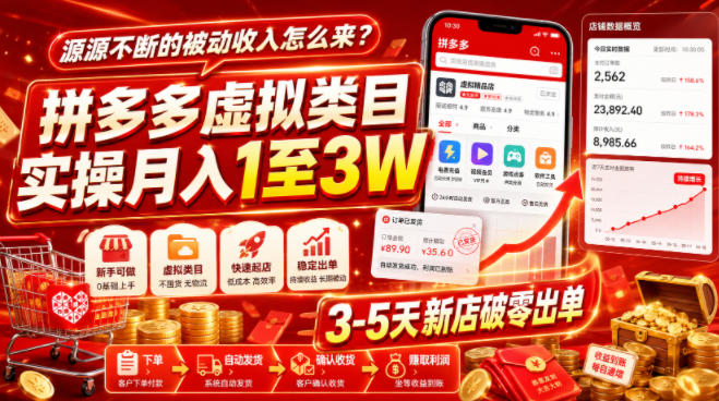 源源不断的被动收入怎么来？拼多多虚拟类目实操月入1至3W，3-5天新店破零出单-翌晨科技网
