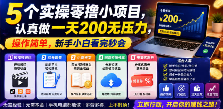 5个实操零撸小项目,认真做一天200无压力,操作简单,新手小白看完秒会【揭秘】-翌晨科技网