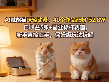 AI赋能猫咪轻动漫，40个作品涨粉152.8W，日收益5张+副业标杆赛道，新手直接上手，保姆级玩法拆解-翌晨科技网