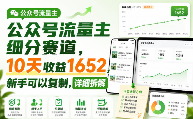 公众号流量主细分赛道，10天收益1652，新手可以复制，详细拆解-翌晨科技网