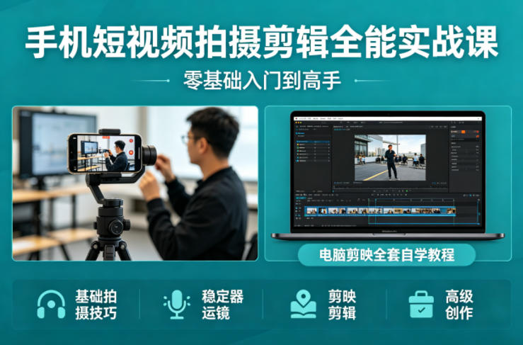 手机短视频拍摄剪辑全能实战课:零基础入门到高手,稳定器运镜+电脑剪映全套自学教程-翌晨科技网