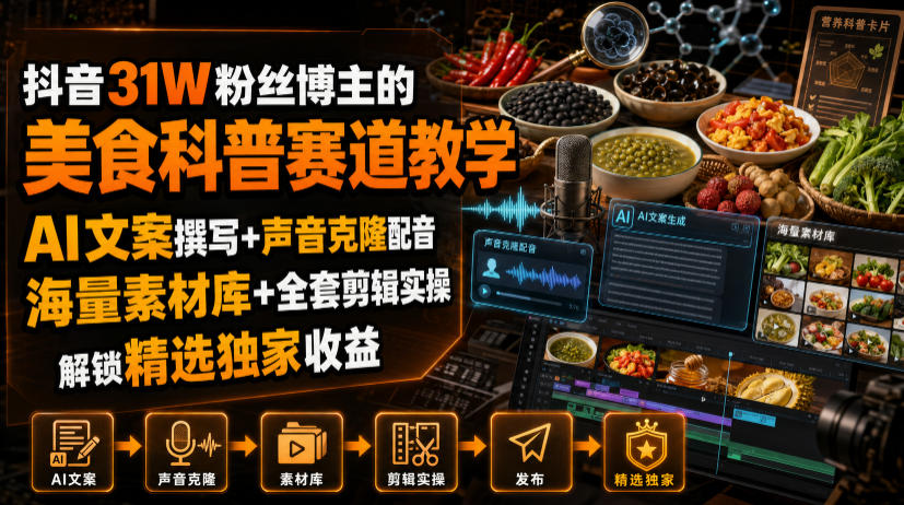 抖音31W粉丝博主的美食科普赛道教学，AI文案撰写+声音克隆配音+剪辑实操，解锁精选独家收益-翌晨科技网