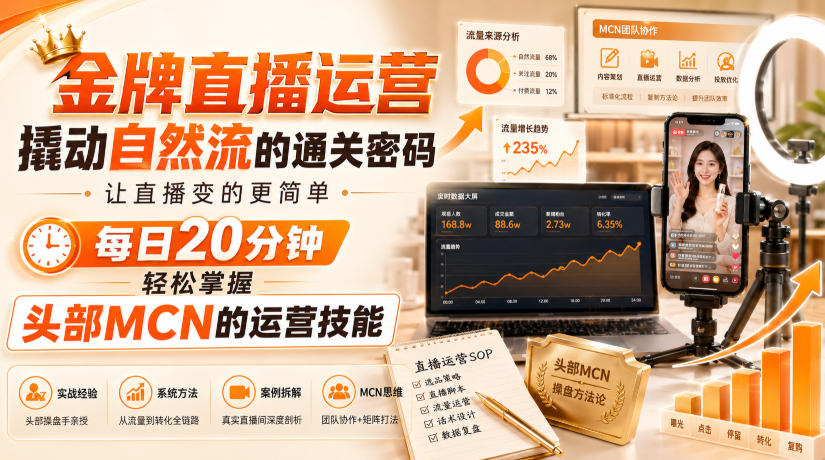 金牌直播运营撬动自然流的通关密码，让直播变的更简单，每日20分钟，轻松掌握头部MCN的运营技能-翌晨科技网