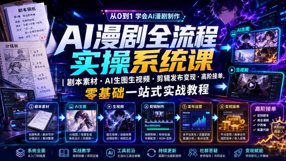 AI漫剧全流程实操系统课｜剧本素材・AI生图生视频・剪辑发布变现・高阶接单，零基础一站式实战教程-翌晨科技网