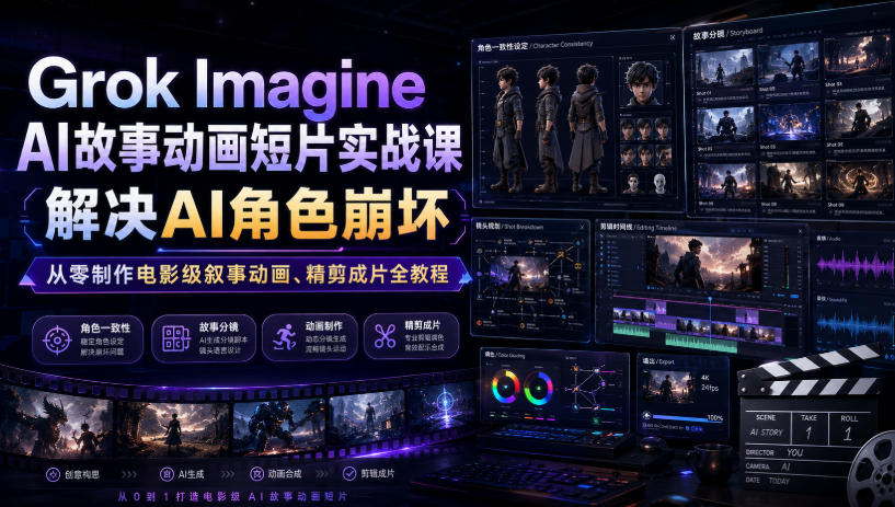 Grok Imagine AI故事动画短片实战课｜解决AI角色崩坏，从零制作电影级叙事动画、精剪成片全教程（中英字幕）-翌晨科技网