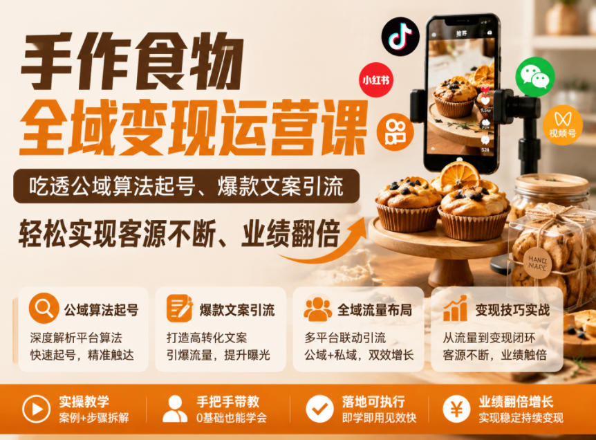 手作食物全域变现运营课，吃透公域算法起号、爆款文案引流，轻松实现客源不断、业绩翻倍-翌晨科技网