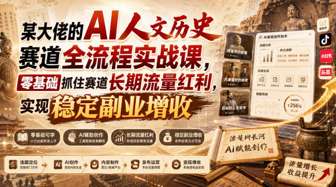 某大佬的AI人文历史赛道全流程实战课，零基础抓住赛道长期流量红利，实现稳定副业增收-翌晨科技网