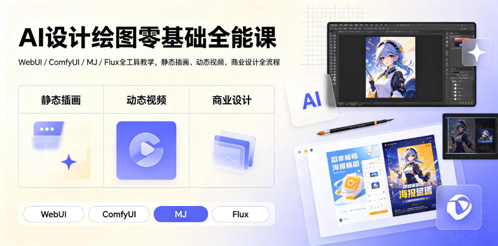 AI设计绘图零基础全能课｜WebUI/ComfyUI/MJ/Flux全工具教学，静态插画、动态视频、商业设计全流程-翌晨科技网