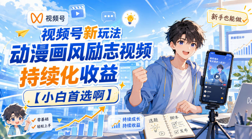 视频号新玩法动漫画风励志视频，持续化收益【小白首选啊】-翌晨科技网