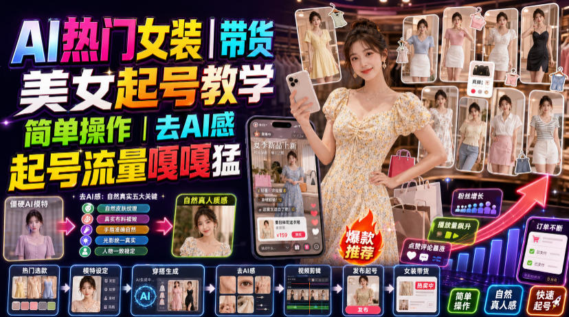 AI热门女装带货丨美女起号教学，简单操作，去AI感，起号流量嘎嘎猛-翌晨科技网