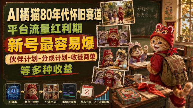 AI橘猫80年代怀旧赛道，平台流量红利期，新号最容易爆，伙伴计划-分成计划-收徒商单等多种收益-翌晨科技网