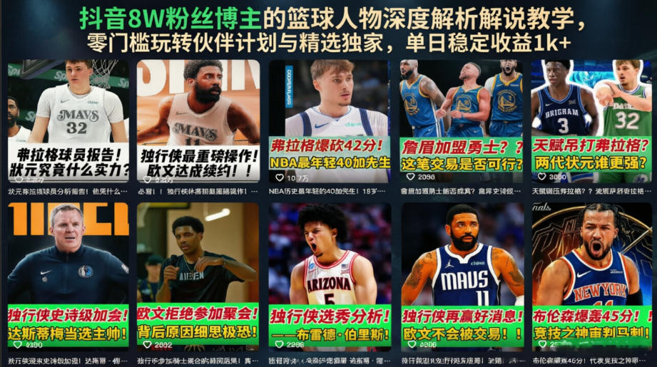 抖音8W粉丝博主的篮球人物深度解析解说教学，零门槛玩转伙伴计划与精选独家，单日稳定收益1k+-翌晨科技网