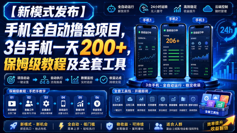 【新模式发布】手机全自动撸金项目，3台手机一天200+，保姆级教程及全套工具【揭秘】-翌晨科技网