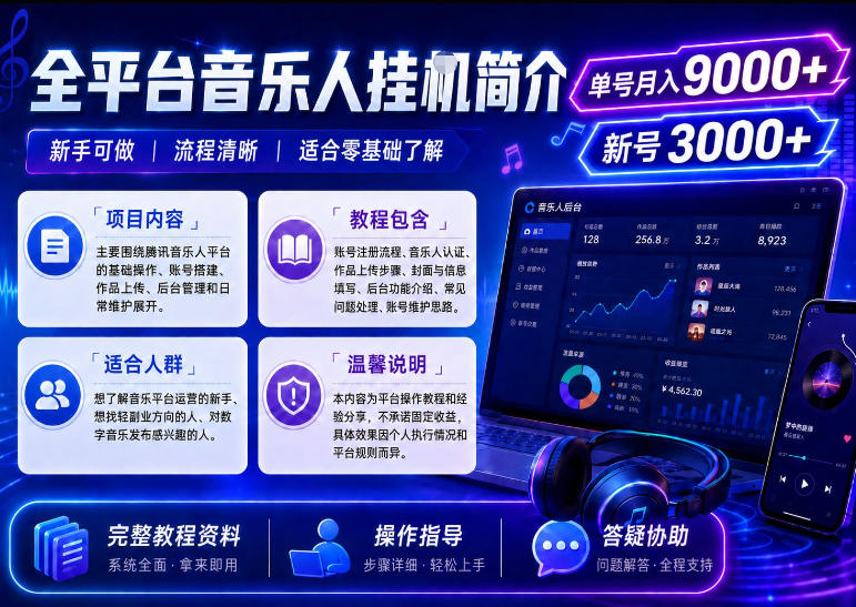 全平台音乐类挂G，单机单号月入9000+，可矩阵，可工作室放大操作【揭秘】-翌晨科技网