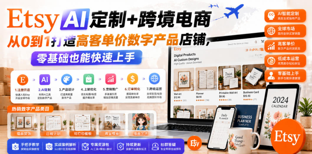 Etsy AI定制+跨境电商，从0到1打造高客单价数字产品店铺，零基础也能快速上手-翌晨科技网