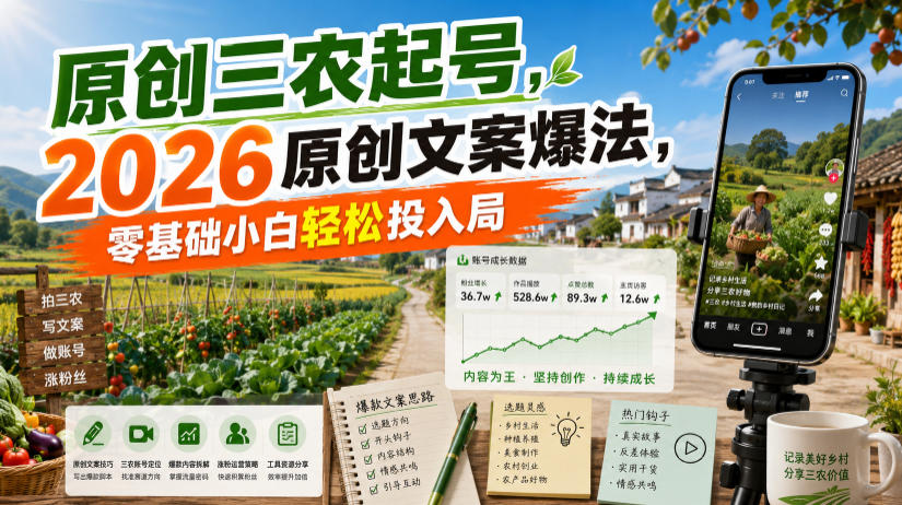 原创三农起号,2026原创文案爆法,零基础小白轻松投入局-翌晨科技网