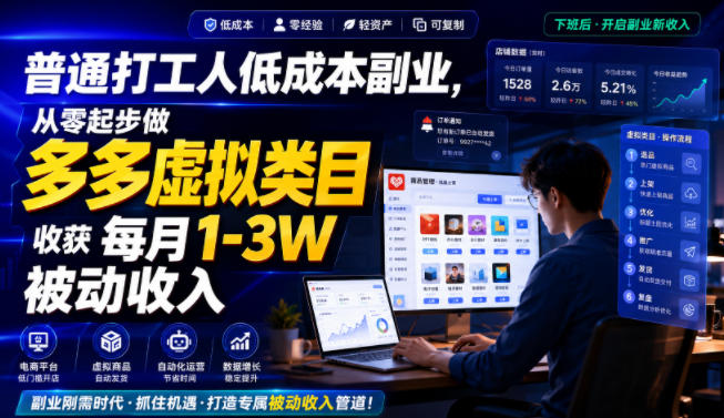 普通打工人低成本副业，从零起步做多多虚拟类目，收获每月1-3W被动收入【揭秘】-翌晨科技网