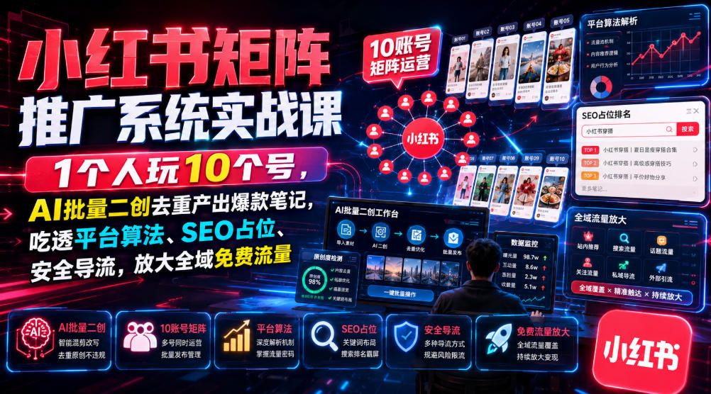 小红书矩阵推广系统实战课｜1个人玩10个号，AI批量二创去重产出爆款笔记，吃透平台算法、SEO占位、安全导流，放大全域免费流量-翌晨科技网