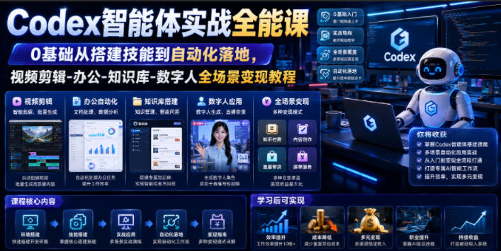 Codex智能体实战全能课｜0基础从搭建技能到自动化落地，视频剪辑-办公-知识库-数字人全场景变现教程-翌晨科技网
