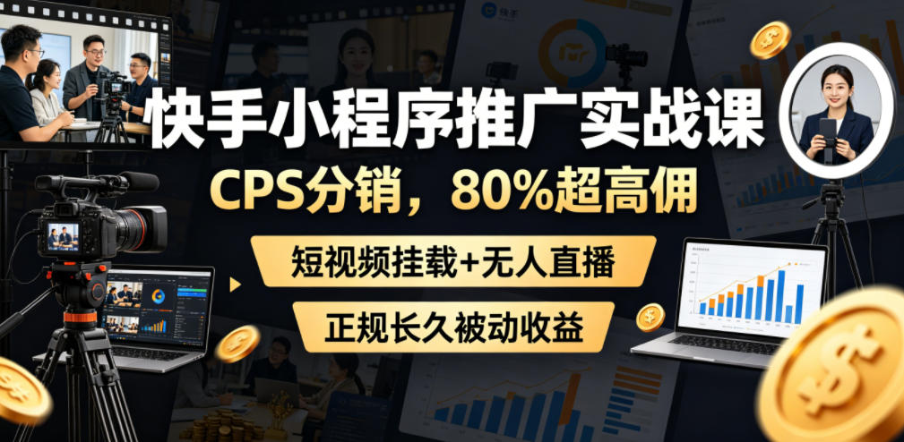 快手小程序推广实战课，CPS分销，80%超高佣，短视频挂载+无人直播，正规长久被动收益-翌晨科技网