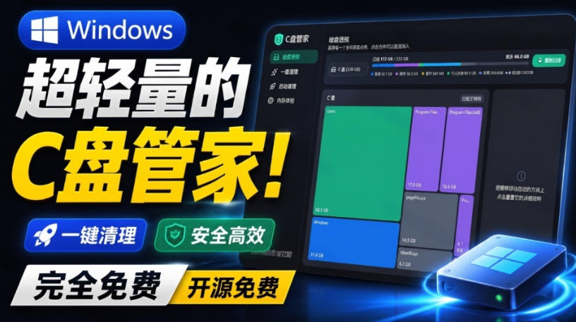 Windows超轻量的C盘管家！超级有特点，支持磁盘分析及清理提醒，2M大小体积，完全免费C盘管家-翌晨科技网