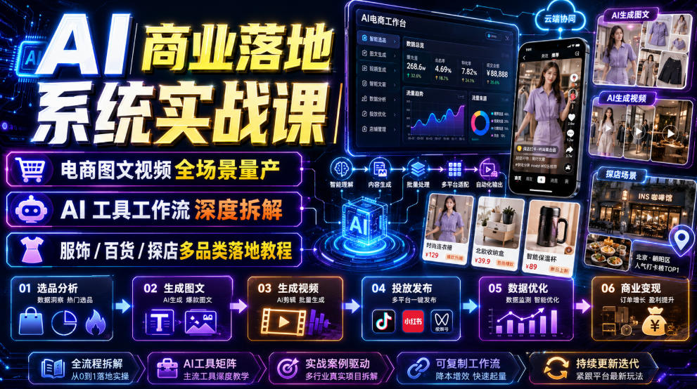 AI商业落地系统实战课｜电商图文视频全场景量产・AI工具工作流深度拆解・服饰/百货/探店多品类落地教程-翌晨科技网