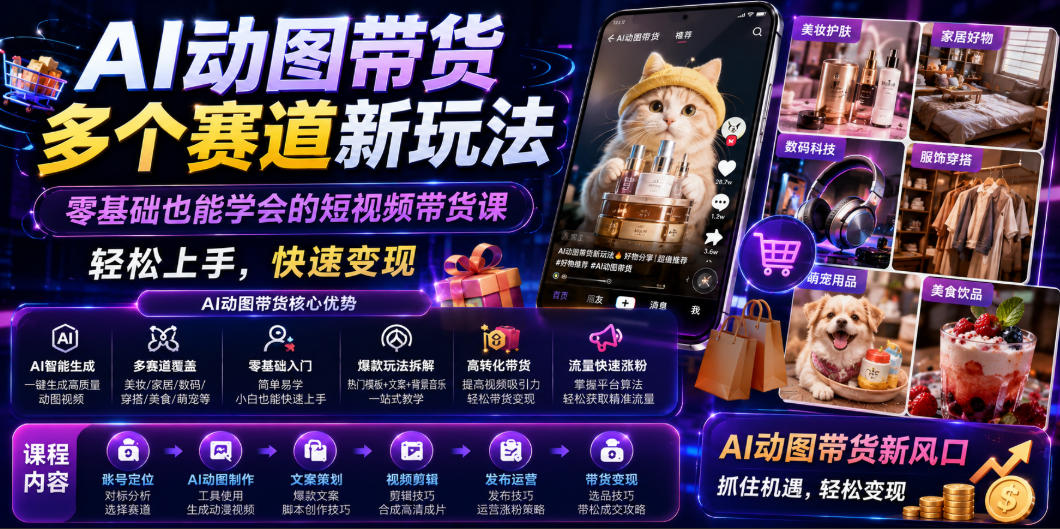 AI动图带货多个赛道新玩法，零基础也能学会的短视频带货课，轻松上手，快速变现-翌晨科技网
