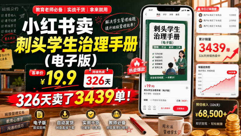 小红书卖刺头学生治理手册（电子版），客单价19.9，326天卖了3439单！-翌晨科技网