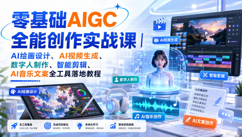 零基础AIGC全能创作实战课｜AI绘画设计、AI视频生成、数字人制作、智能剪辑、AI音乐文案全工具落地教程-翌晨科技网