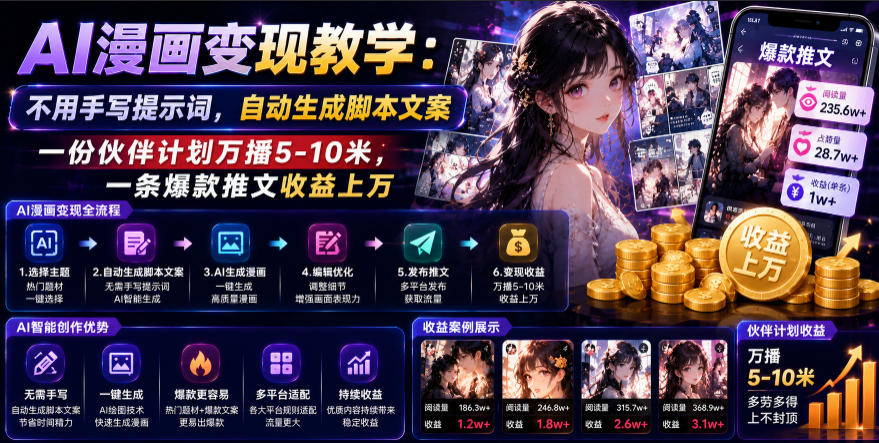 AI漫画变现教学：不用手写提示词，自动生成脚本文案，一份伙伴计划万播5-10米，一条爆款推文收益上W-翌晨科技网