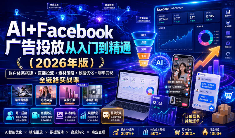 AI+Facebook广告投放从入门到精通（2026年版）｜账户体系搭建・直播投流・素材策略・数据优化・聊单变现全链路实战课-翌晨科技网
