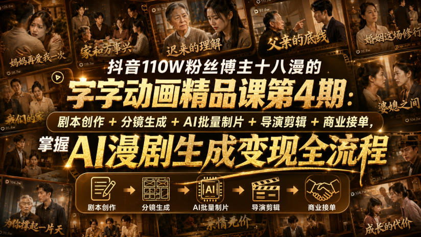 抖音110W粉丝博主十八漫的字字动画精品课第4期：剧本创作+分镜生成+剪辑+商业接单，掌握AI漫剧生成变现全流程-翌晨科技网