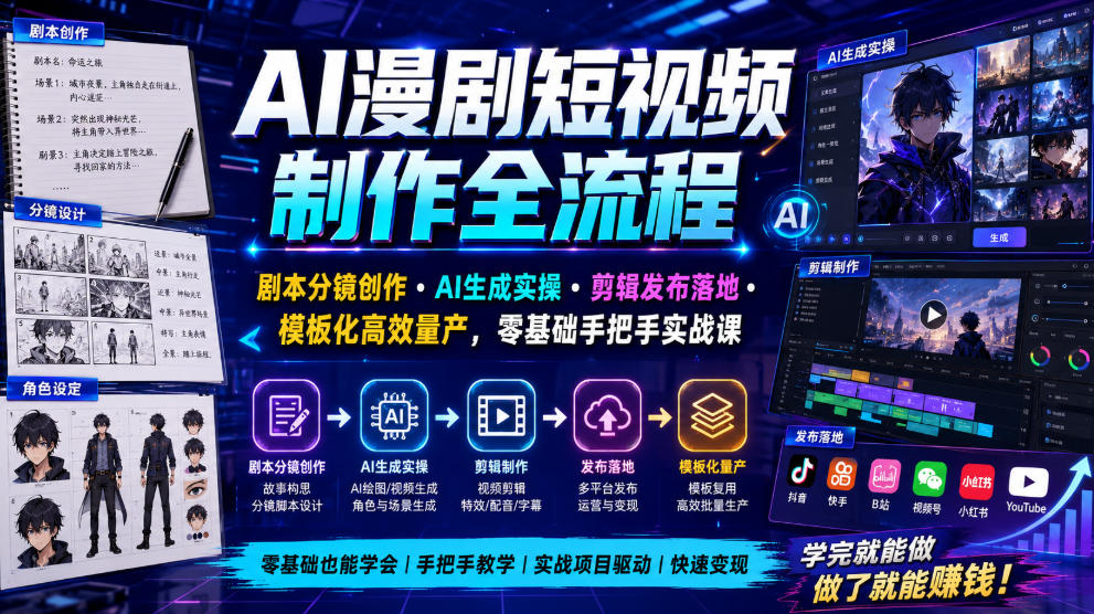 AI漫剧短视频制作全流程｜剧本分镜创作・AI生成实操・剪辑发布落地・模板化高效量产，零基础手把手实战课-翌晨科技网