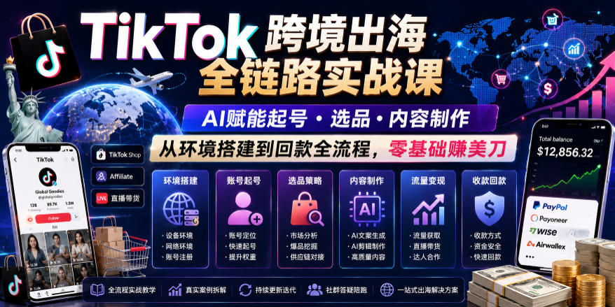 TikTok跨境出海全链路实战课，AI赋能起号・选品・内容制作，从环境搭建到回款全流程，零基础賺美刀-翌晨科技网
